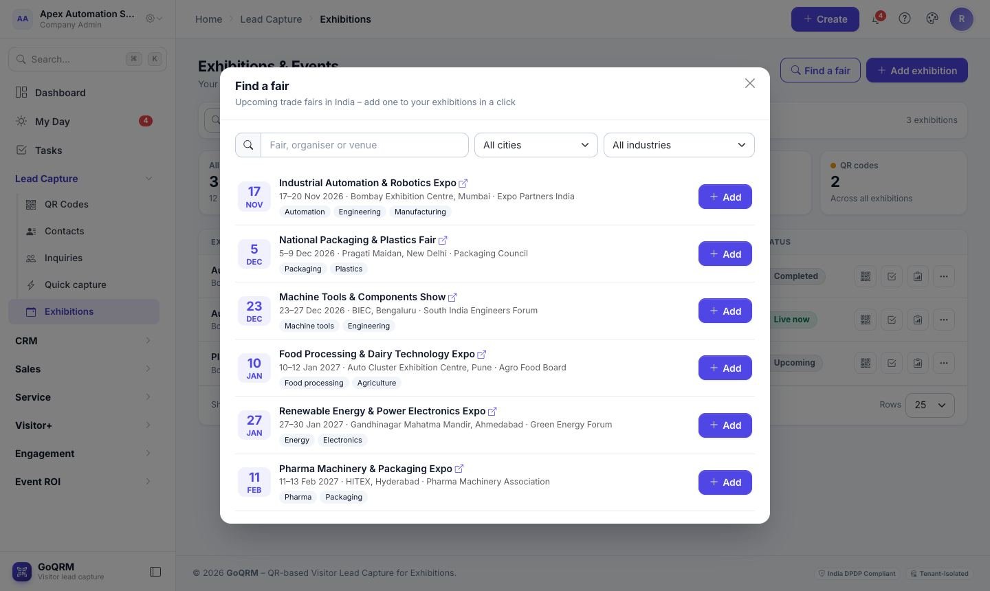 Find a fair: search upcoming trade fairs and add one to your exhibitions